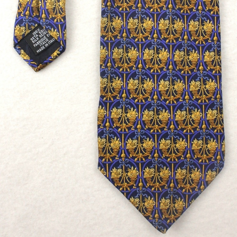 YSL Yves Saint Laurent Paris Silk Tie Blue Gold Baroque Designer Italy Luxury